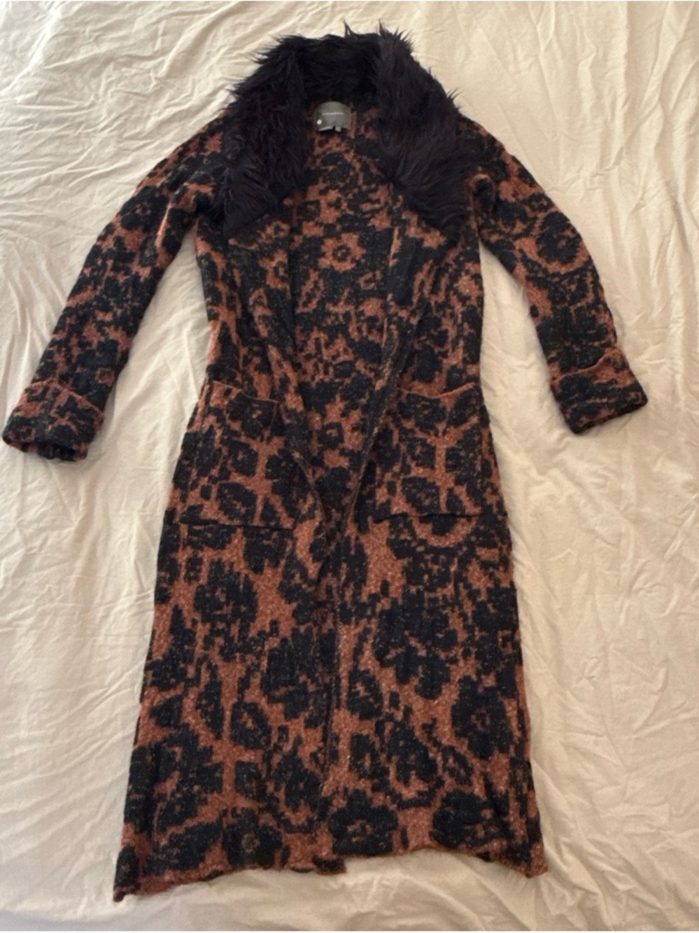 Anthropologie Brown and Black Patterned Long Dress Coat with Faux-Fur Collar